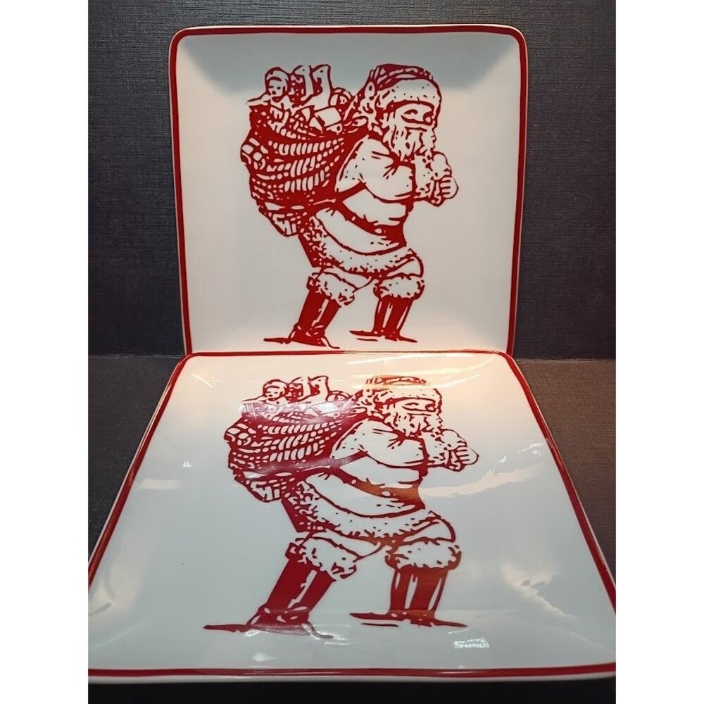 World Market Santa Claus Christmas Square Salad Dessert Plates 8" Set of 2